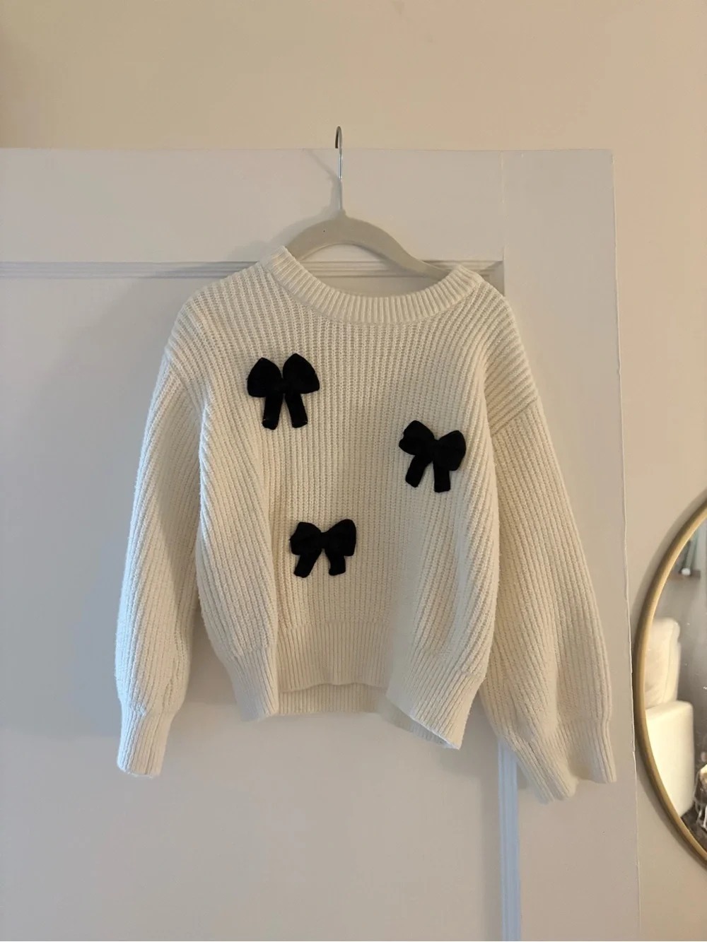 GAP White Crewneck Sweater with Black Bow Appliqués